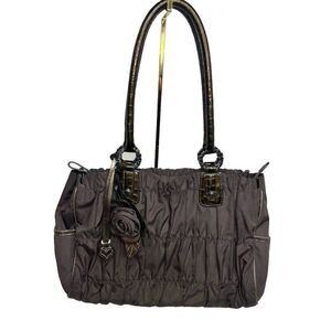 BRIGHTON Purse Camille*GRAY Nylon Ruched Shoulder Bag w/Rosette & Snakeskin